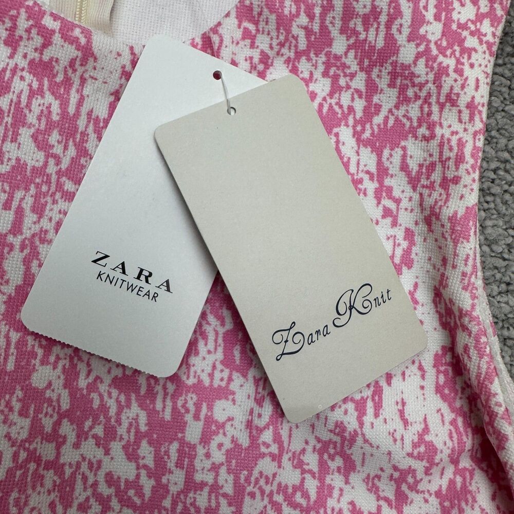 Zara Knit Patterned Midi Shift Dress Womens Small Pink White Pockets Stretch NWD - Picture 6 of 16